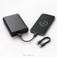 Batterie externe pour smartphone avec câble USB-C et téléphone en charge