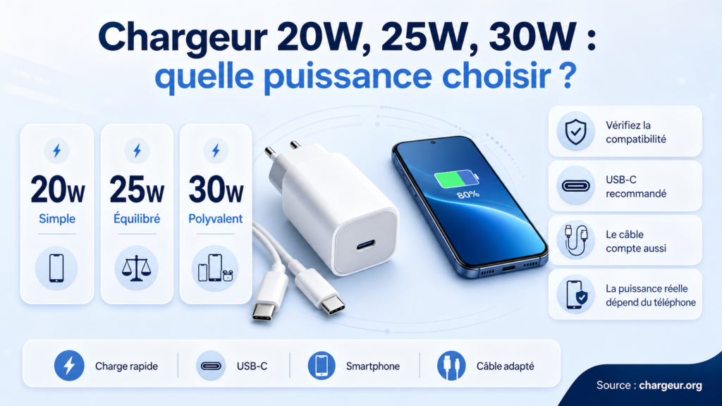 Chargeurs 20W 25W et 30W avec câble USB-C et smartphone