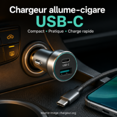 Chargeur allume-cigare USB-C pour voiture avec câble et smartphone