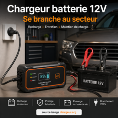 Chargeur batterie voiture 12V branché au secteur avec pinces sur batterie