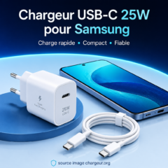 Chargeur USB-C 25W pour Samsung avec câble USB-C et smartphone Galaxy