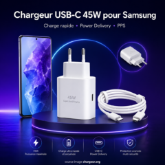 Chargeur USB-C 45W pour Samsung avec câble USB-C et smartphone Galaxy