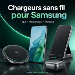 Chargeurs sans fil pour Samsung avec chargeur Qi2 support vertical et écouteurs compatibles