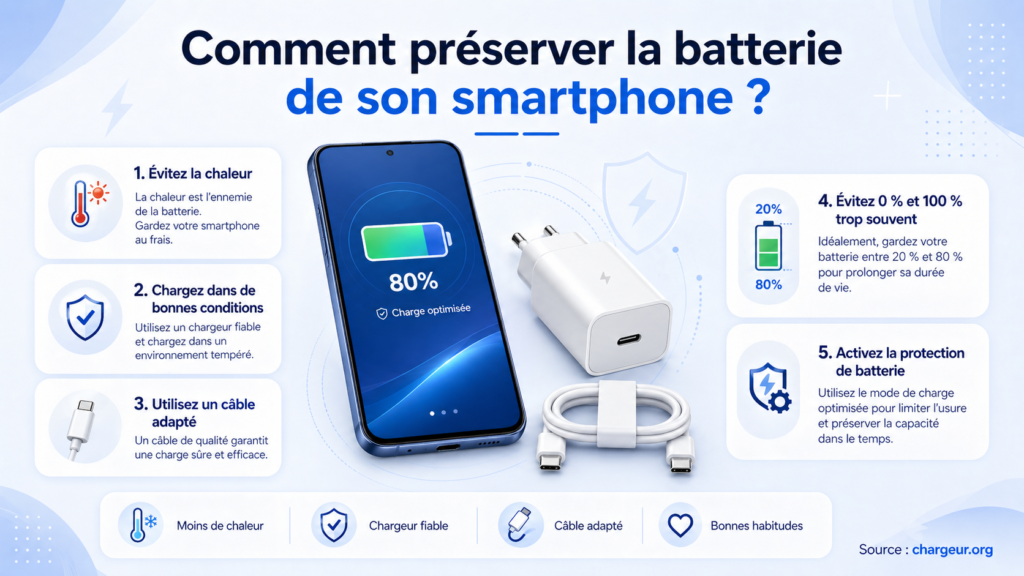 Smartphone avec batterie à 80 %, chargeur USB-C et câble adapté