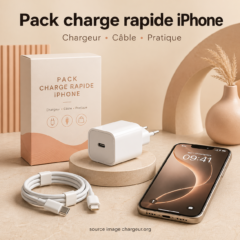 Pack charge rapide iPhone avec chargeur secteur et câble compatible