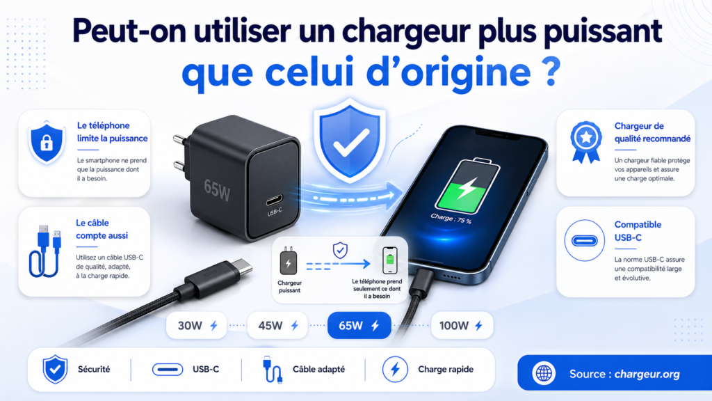 Chargeur USB-C plus puissant avec smartphone et câble adapté
