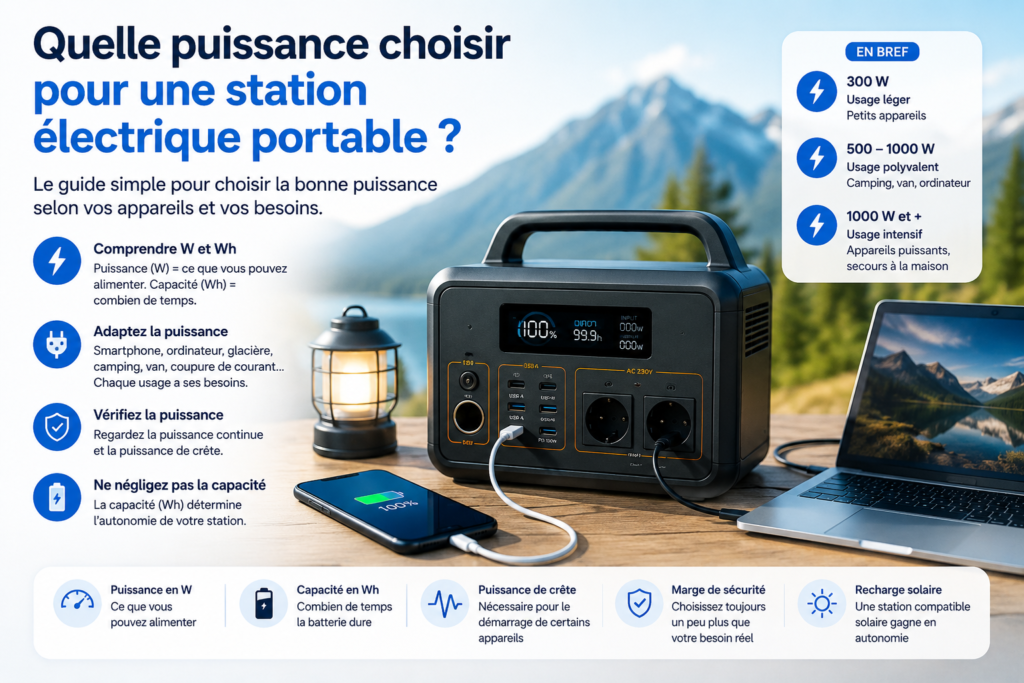 Infographie expliquant quelle puissance choisir pour une station électrique portable selon les watts, les wattheures, les appareils à alimenter, la puissance de crête et l’autonomie.